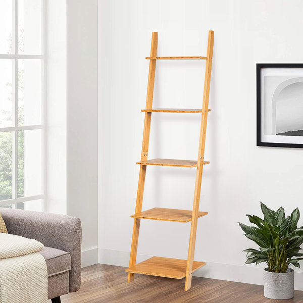Rebrilliant 5Tier Ladder Shelf Modern Bamboo Leaning Bookshelf Ladder